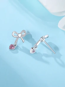1 par de pendientes de plata de ley 925 chapados en platino con lazo rosa y circonita cúbica brillante, joyas hipoalergénicas adecuadas para mujeres, uso diario casual, fiesta, viaje, accesorio de moda, incluye caja de regalo elegante para cumpleaños, regalos festivos - Plateado - Ver 1