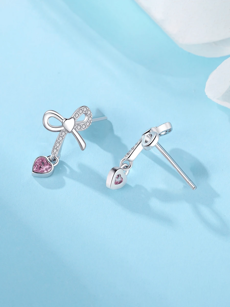 1 par de pendientes de plata de ley 925 chapados en platino con lazo rosa y circonita cúbica brillante, joyas hipoalergénicas adecuadas para mujeres, uso diario casual, fiesta, viaje, accesorio de moda, incluye caja de regalo elegante para cumpleaños, regalos festivos - Plateado - Ver 1
