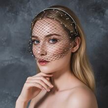 1件黑色网纱头箍，带水钻面纱，适合宴会、舞会、派对配饰