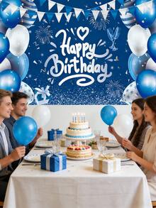 海军蓝生日快乐背景幕布 - 乙烯基派对装饰背景，带有气球和彩旗设计，适用于成人和儿童生日派对拍照区 - 藍色 - 查看 5