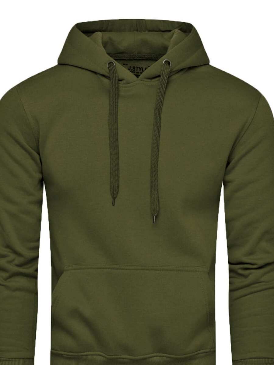 Sweat-shirt à capuche à cordon de serrage de couleur unie avec poche, manches longues, pour homme. Convient pour le port urbain quotidien comme aller à l'école, les trajets et le port de tous les jours, style minimaliste - kaki foncé - Voir 1
