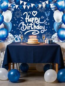 海军蓝生日快乐背景幕布 - 乙烯基派对装饰背景，带有气球和彩旗设计，适用于成人和儿童生日派对拍照区 - 藍色 - 查看 4