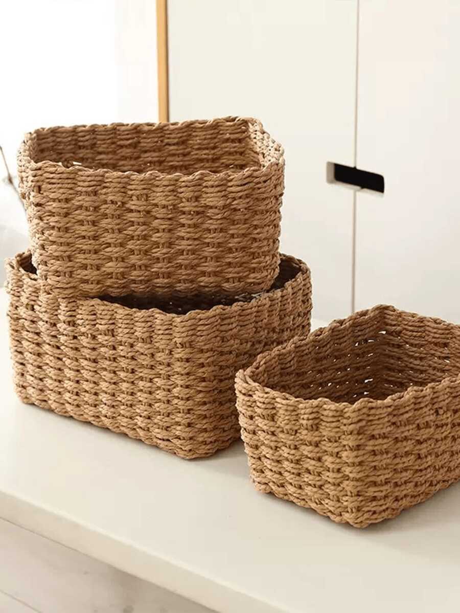 3个/1个手工编织米色收纳篮，适用于浴室、卧室、客厅、办公室 | 装饰性藤编垃圾桶，适用于架子、食品储藏室、抽屉 | 多用途节省空间方案 | 礼品之选，收纳篮