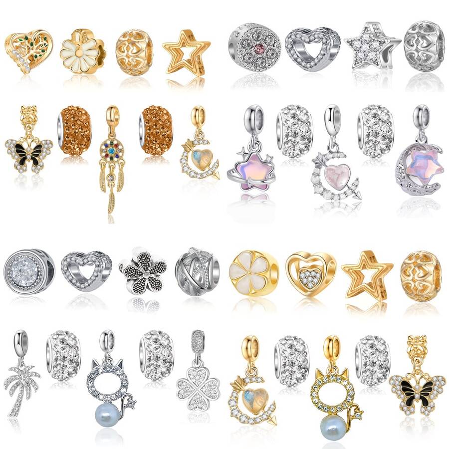 9pcs/Set Fashion Craft Beaded Charms, Cat, Flower, Star, Round Beaded Pendants, DIY Bracelet & Necklace Accessories