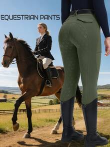 1pc Women's High Waist Tight Slimming Horse Riding Pants With Pockets, Tight Yoga Equestrian Wear, High Waist Lifting Fitted Riding Pants, Silicone Grip Equestrian Pants, Full Seat Silicone Anti-Slip Quick-Dry Riding Pants, Anti-Slip Wear-Resistant, High Elasticity Breathable, Suitable For Horseback Riding, Riding, Exercise, Cycling, Equestrian Sports, Outdoor Sports, Archery, Professional Competitions, Sports, Training - Green - View 1