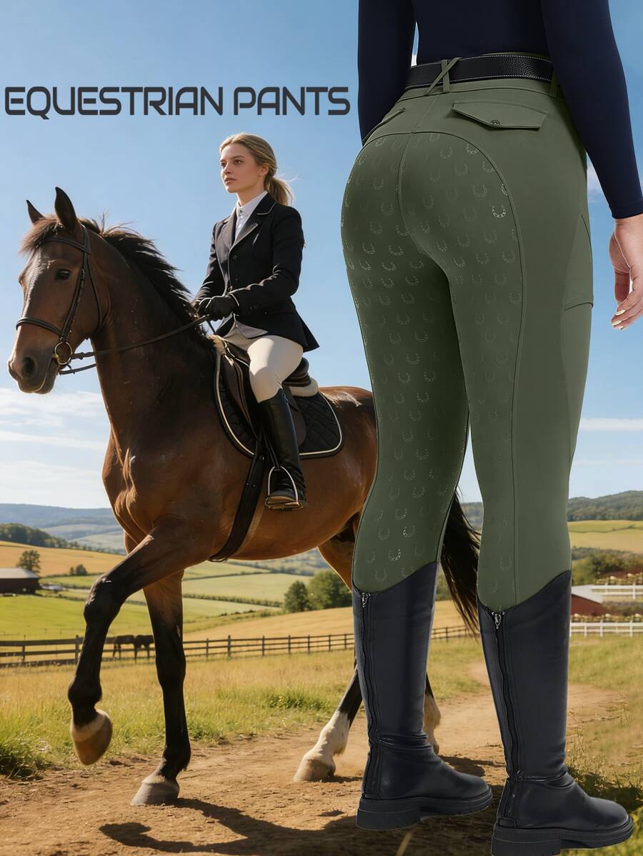 1pc Women's High Waist Tight Slimming Horse Riding Pants With Pockets, Tight Yoga Equestrian Wear, High Waist Lifting Fitted Riding Pants, Silicone Grip Equestrian Pants, Full Seat Silicone Anti-Slip Quick-Dry Riding Pants, Anti-Slip Wear-Resistant, High Elasticity Breathable, Suitable For Horseback Riding, Riding, Exercise, Cycling, Equestrian Sports, Outdoor Sports, Archery, Professional Competitions, Sports, Training - Green - View 1