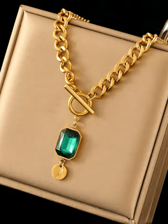 1pc Vintage Stainless Steel Green Square Cubic Zirconia OT Clasp Necklace, Suitable For Women's Daily Wear