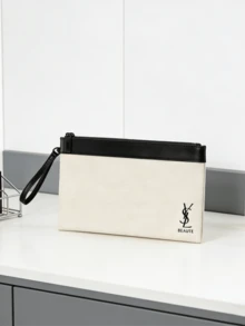 Yves Saint Laurent 大容量腕带化妆包，白色/黑色拉链化妆品收纳袋，带可拆卸肩带 - 黑白 - 查看 1