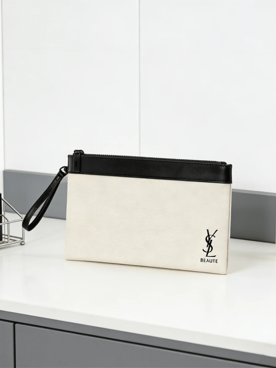 Yves Saint Laurent 大容量腕带化妆包，白色/黑色拉链化妆品收纳袋，带可拆卸肩带 - 黑白 - 查看 1