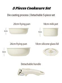 5 Pieces Cookware Set, Non-Stick Induction Cookware Set With Detachable Handle, Dishwasher And Oven - White - View 7
