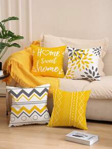 4pcs Yellow & Gray Geometric Patterned Polyester Cushion Cover, Room, Bedroom, Sofa Decoration 18*18 Inches No Pillow Core Included Gifts Birthday Graduation School Decor School Surprise Dormitory Decor Back To School Home Decor Room Decor School Supplies - Yellow - View 8