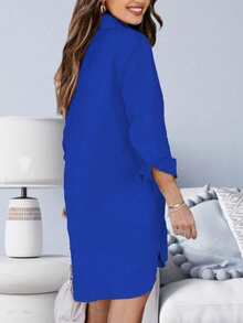 Women's Button Down Shirt Dresses High Low Tunic Dress Long Sleeve Blouse Shirts With Pockets Spring - Bright Blue - View 2