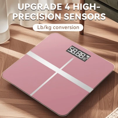 高精度数字浴室秤，带液晶显示屏、超宽秤盘、无需电池（需使用AAA电池）、称重精准、温度和单位转换（公斤/磅/英石）、健康监测、健身追踪、小巧设计