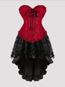 Jutrisujo Corset Dress And Skirt Set 2-Piece Style Plus Size Bustier Gothic Brocade Lace Costume Renaissance Halloween - 819Wine Red+7056black - 查看 9