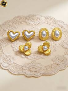 3 pares de pendientes de perla con lazo elegantes, de diseño vintage y lujoso, hechos de acero inoxidable. Adecuados para uso diario y ocasiones festivas, un accesorio versátil para mujeres durante todo el año. Pendientes de perla, diseño de lujo de alta gama, excelentes para el Día de San Valentín. Joyería occidental - Multicolor - Ver 5