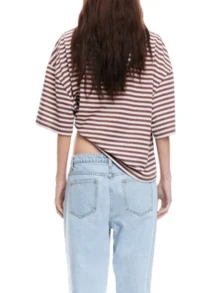 Womens Oversized Striped Short Sleeve Shirt Loose Fit Color Block Crew Neck Tshirt Summer Lounge Blouses Basic Tee - Pink - View 7