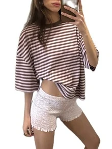 Womens Oversized Striped Short Sleeve Shirt Loose Fit Color Block Crew Neck Tshirt Summer Lounge Blouses Basic Tee - Pink - View 9