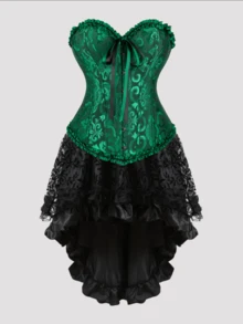 Jutrisujo Corset Dress And Skirt Set 2-Piece Style Plus Size Bustier Gothic Brocade Lace Costume Renaissance Halloween - 819Black Green+7056black - 查看 13
