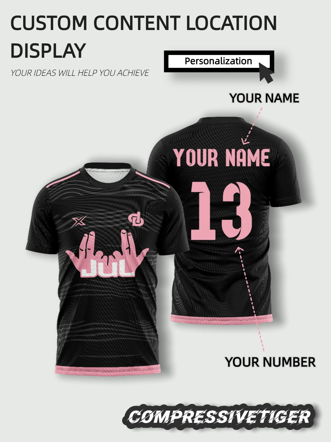 1pc Customized JUL Theme Black & Pink Football Jersey - Personalized Name & Number Printing (Front/Back) - Fashionable Quick-Dry Breathable Top, Suitable For Sports And Casual Wear - Unique Fan Design Men's Soccer Shirt (Spring/Summer), Ideal For 90-Minute Football Match, Valentine's Day Gift - Black - View 1