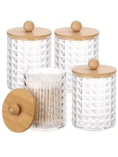 1 pieza Dispensador de bolas de algodón, hisopos de limpieza, almohadillas redondas, palillos de dientes - Frasco de plástico de 10 onzas con tapa marrón, para almacenamiento y organización de baño, frasco de medicamentos con cubierta acrílica, diseñado como un dispensador de caja de hisopos de limpieza con patrón de diamante, perfecto para el tocador del baño, decoración de la habitación