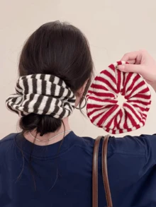 1个女士红白条纹发圈，新款高端发饰，适用于丸子头、马尾辫，头饰弹力带，美发家居饰品 - 紅白色 - 查看 7