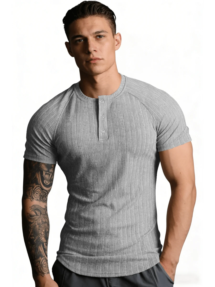 Men's Ribbed Henley Shirt Short Sleeve Slim Fit Muscle Shirt Fitted Cotton Casual Sleeve - Màu Xám nhạt - Xem 1