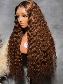 Chocolate Brown Kinky Curly Lace Front Wigs Human Hair For Women Pre Plucked With Natural Hairline 13x4 Deep Curly Brown Glueless Wig Transparent Lace Frontal Wigs - S4 - 查看 1