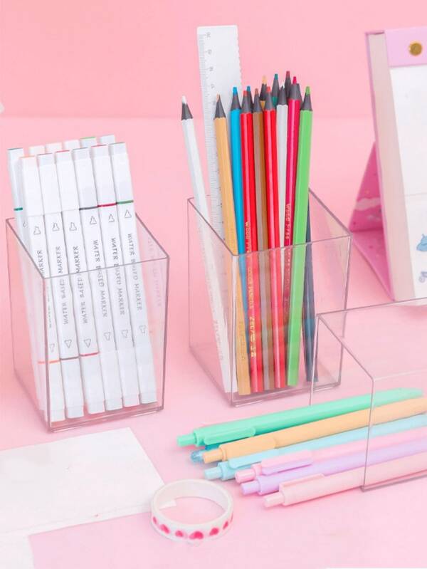 1 pieza Soporte acrílico para bolígrafos, Estuche transparente para papelería de estudiante, Caja de almacenamiento de escritorio para brochas de maquillaje, Elegante taza minimalista para bolígrafos