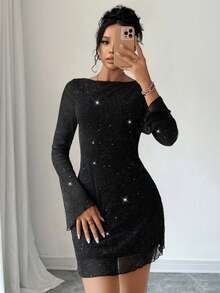 Vuslat 女士优雅亮片装饰派对迷你连衣裙，性感透视网纱闪光迷你连衣裙，新年连衣裙，感恩节服装，优雅派对连衣裙，节日连衣裙，正式服装 - 黑色 - 查看 6