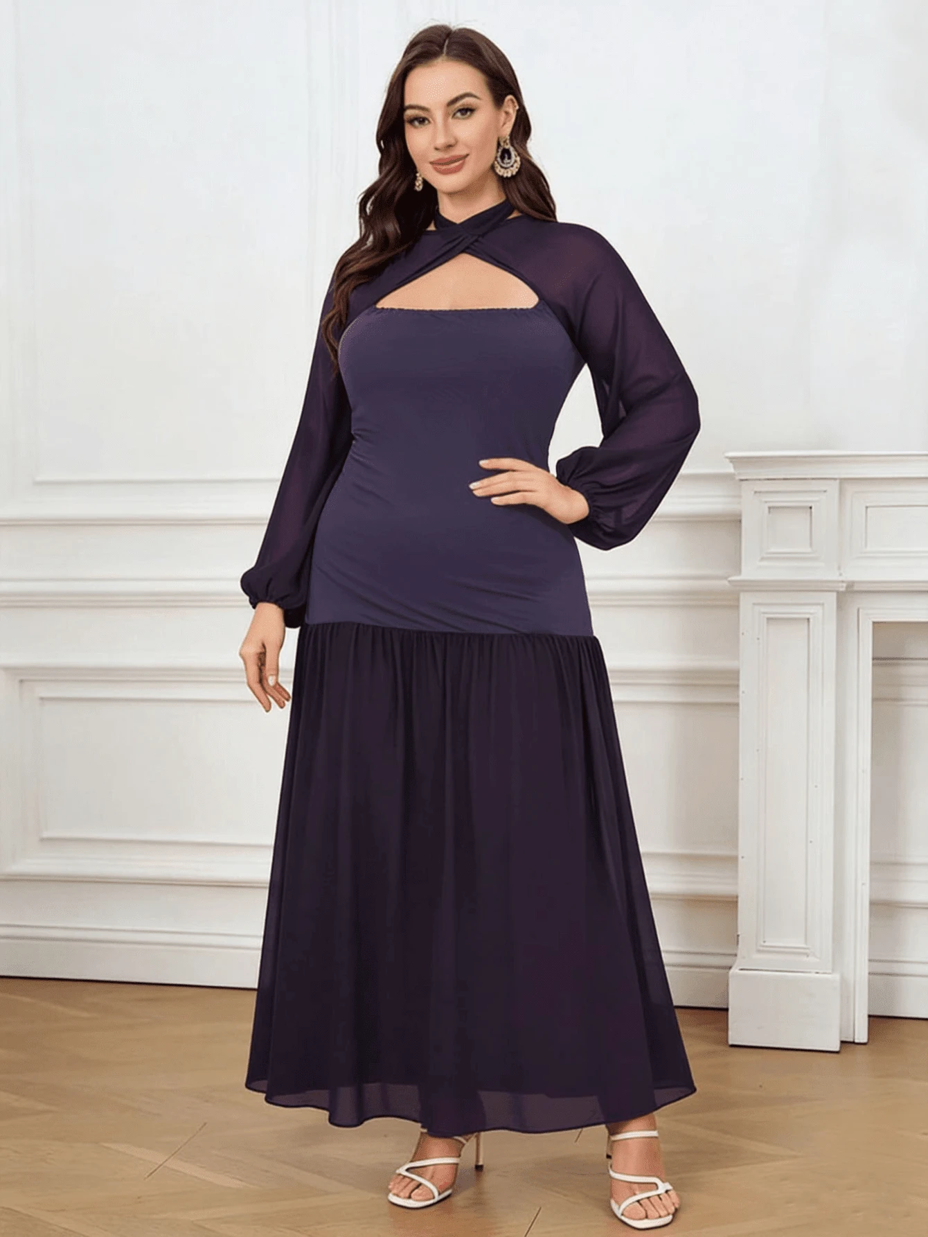 Plus Size Women Elegant Long Sleeve Dress, Suitable For Dates And Formal Occasions - Purple - View 1