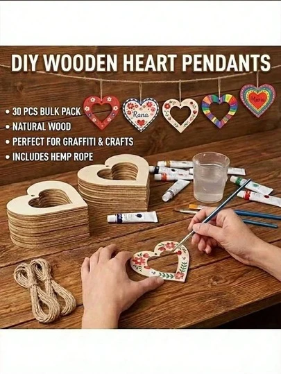 30pcs Wood Hollow-Out Heart DIY Painting Blanks, DIY Painting Graffiti Handicrafts, DIY Craft, Wooden Pendants, Hanging Decorations, Hand-Painted Hanging Ornaments, Suitable For Valentine's Day, Wedding, Birthday Party Decorations, Home & Garden Decor