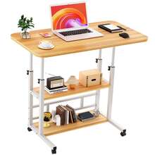 Mesa de Computadora Elevable con 3 Estantes, Altura Ajustable con Ruedas, Mesa Lateral Móvil para Dormitorio y Oficina, 60*40cm - Mostaza Amarilla - Ver 9