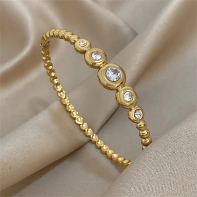 VKHK 1pc Vintage 18K Gold Plated Stainless Steel Zirconia Decorated Bracelet, Suitable For Women's Daily And Wedding Wear, Gift