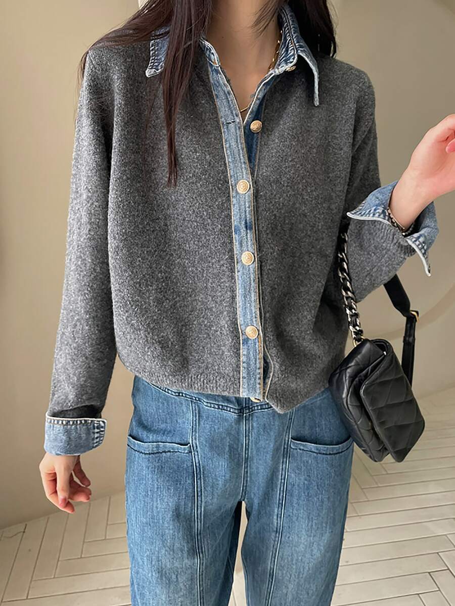 Korean Style Premium Lazy Denim Patchwork Front Button Long Sleeve Knit Cardigan - Dark Grey - View 1