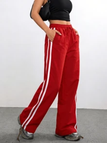 Vacation Outfits Women Red Side-Stripe Wide Leg Track Pants, Summer Casual Streetwear Pants - 紅色 - 查看 6