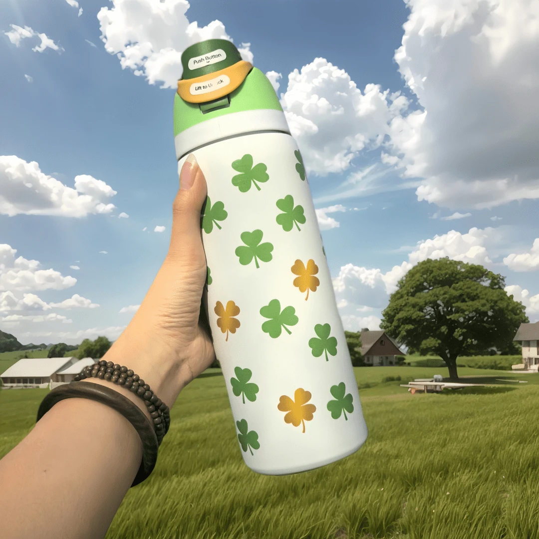 0walla 32oz Insulated Water Bottle Features A Vibrant Printed Design, Making It Stylish And Attractive. It Keeps Beverages Hot Or Cold For Up To 24 Hours. The Bottle Features A One-Touch Opening And A Built-In Straw, Offering Two Ways To Drink. A Convenient Handle Makes It Easy To Carry. The Large Capacity Meets Your Daily Hydration Needs, Making It A Fashionable And Practical Water Bottle Perfect For Commuting, Work, And School. - 綠色 - 查看 1