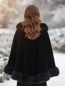 1件优雅秋冬新款仿貂毛领披肩斗篷，加大码宽版女士蓬松毛边三角披肩，适合婚礼、派对、历史表演等场合，奢华毛绒披肩 - 毛領披肩斗篷 - 查看 4