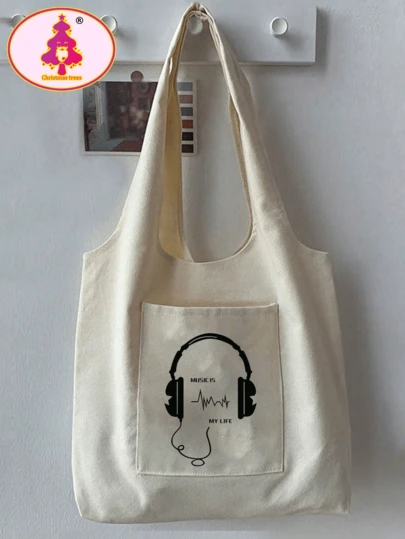 One Stylish Beige Women Canvas Bag Marked With Musicismylife And Black Earphone Pattern, Featuring A Simple Design, Vest Straps, Pocket And Tote Pattern, Suitable For Outdoor Travel And Shopping.Lightweight,Portable, Suitable For Teen Girls Women College Students, Perfect For Back To School,College,Middle School, High School