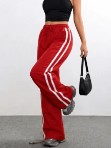 Vacation Outfits Women Red Side-Stripe Wide Leg Track Pants, Summer Casual Streetwear Pants - 紅色 - 查看 5