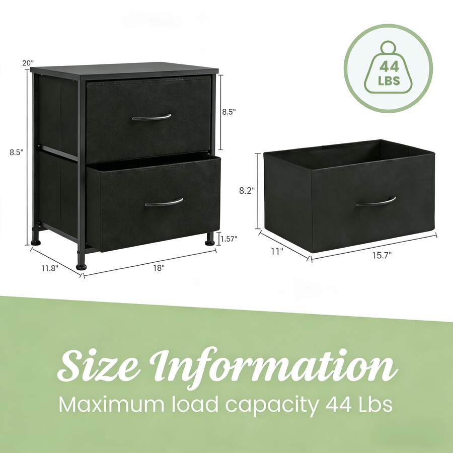 Small Nightstand With 2 Storage, 2-Drawer Compact End Table (20" Height) With Premium Wooden Top & Durable Fabric Storage Drawers, Multipurpose Dresser/Bedside Table For Bedroom, Sturdy Space-Saving Storage Cabinet For College Dorm Room, Slim Side Table With Smooth-Glide Drawers For Closet/Entryway, Easy-Assemble Wooden Top Fabric Night Stand For Small Spaces, Functional Storage Furniture For Guest Room/Studio Apartment, Cute & Practical 2-Drawer End Table For Bedroom Organization, Lightweight Yet Sturdy Nightstand For Teenagers' Room, 20 Inch Tall Small Dresser With Fabric Drawers For Narrow Spaces, Multipurpose Bedside Storage Table For Organizing Books, Phones & Small Items, High-Quality Wooden Top Nightstand With Fabric Storage For Home & Dorm Use - 黑色 - 查看 1