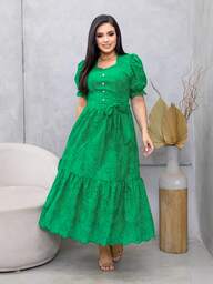 Vestido Midi Soltinho Lese Algodão Manga Princesa Elegante