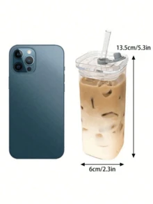 1pc Korean Square Glass Cup With Lid, Minimalist & Elegant, Heat-Resistant Transparent Coffee Mug, Suitable For Office And Home Use, Square Milk Coffee Cup, Bridesmaid Gift, Birthday Gift, Suitable For Any Occasion