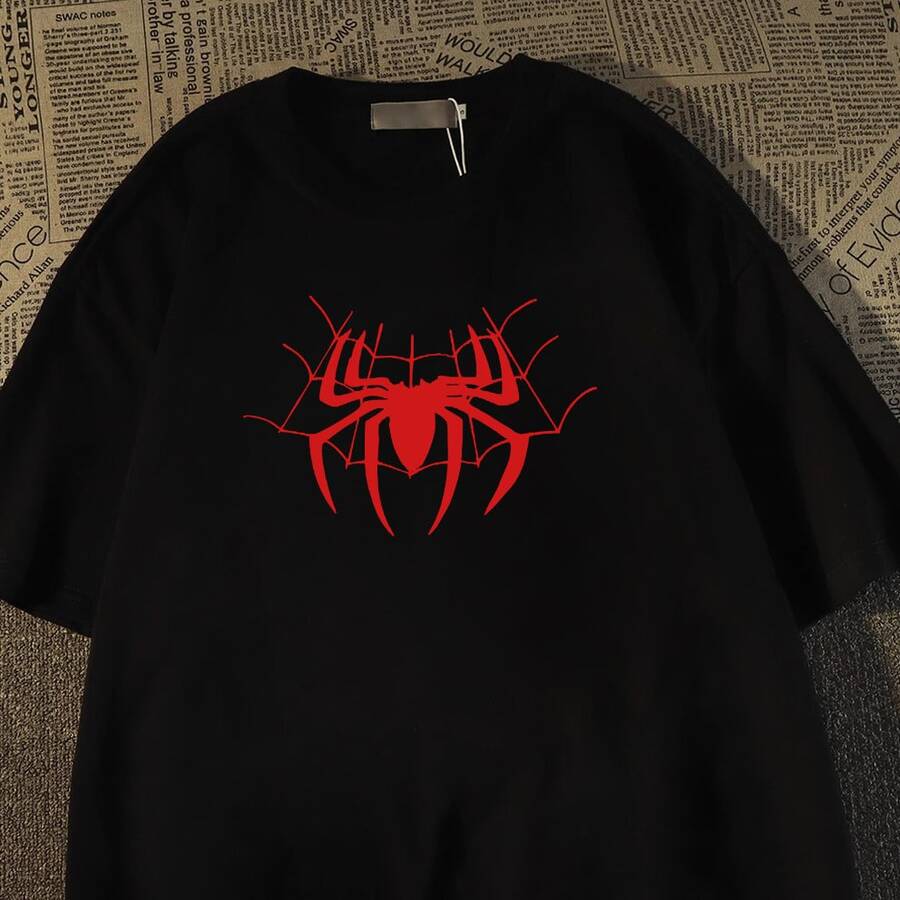 Black Unisex Oversized T-Shirt, Red Spider Design With Lightning Pattern, Stylish Streetwear Fashion - màu đen - Xem 1