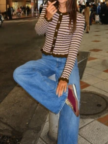 SEREN Women's New Round Neck Button Striped Knit Cardigan, Pink Romantic Valentine's Day Top - Baby Pink - View 5