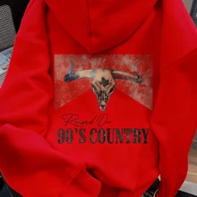 Winter Clothes90s Country Western Bull Graphic Hoodie, Vintage Women Hoodie Fall Clothes For Women New Fall Fashion 2025 For Women, Solid Color Long Sleeve Pocket Dropped Shoulder Casual Hoodie For WomenLoose And Comfortablecurve Winter Clothes - 紅色 - 查看 7