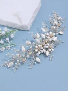 1pc Elegant Metal Flower Leaf Rhinestone & Faux Pearl Beaded Hair Clip, Suitable For Bride Wedding, Daily Photo Shooting, Festival Party And Occasions