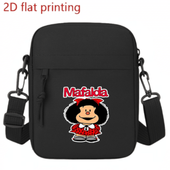 Bolso bandolera con estampado de dibujos animados de Mafalda - Correa ajustable, cierre con cremallera, forro de poliéster duradero, bolso de hombro esencial para el transporte y los viajes diarios, exterior negro de fácil limpieza, accesorio casual para la calle