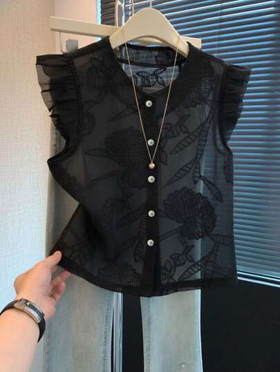 Cárdigan de cuello redondo de mujer Vusalt con bordado jacquard transparente, dobladillo de seta, sin mangas, de moda y casual, adecuado para atuendos de verano, Día de San Valentín, ropa de playa, ropa exterior, ropa de vacaciones, ropa de oficina, uso diario