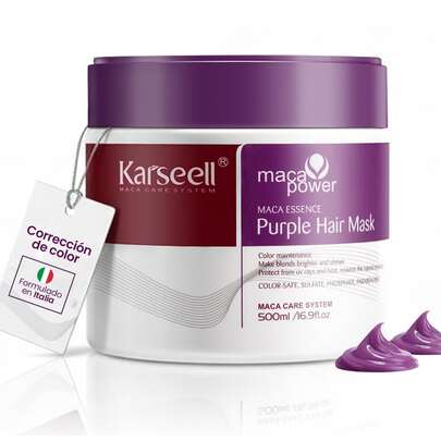  KARSEELL Professional Violet Hair Mask 500ml anti-gul och anti-orange toning formulerad för att neutralisera varma slingor i blekt blont hår med platina balayage och grå slingor berikad med hydrolyserat kollagen, vegetabiliska proteiner, närande oljor och vårdande silikoner som återfuktar, mjukgör och ger intensiv glans. Perfekt för torrt, skadat, färgat hår och hår som saknar lyster. Dess avancerade formula förbättrar hanterbarheten, minskar frissighet, stärker hårfibrerna och ger tillbaka en silkeslen och strålande känsla vid regelbunden användning. Bibehåller en jämn och långvarig sval ton. Förvandlar varje applicering till en salongsbehandling lämplig för både kvinnor och män. Kompatibel med schampon, balsam och serum från samma linje, respektfullt för hårbotten och färgen. Ger synliga resultat från första appliceringen med en högpresterande professionell finish.