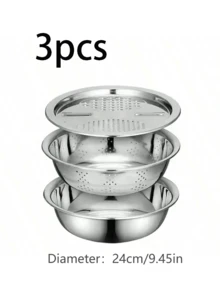 三件套不锈钢厨房备餐套装：集成式刨丝器、多功能滤网和带沥水系统的碗，用于清洗、切片水果、蔬菜和奶酪。
